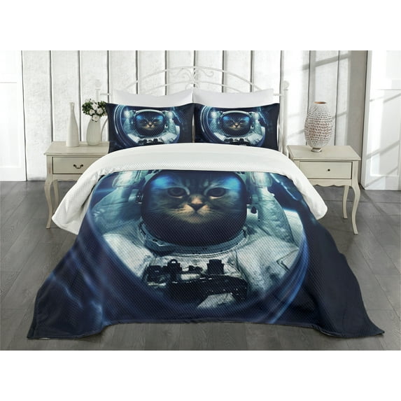 Ambesonne Space Cat Quilted Bedspread Set 3 Pcs, Glass Rocket Galaxy, Queen Size, Dark Blue and White