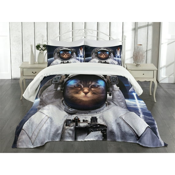 Ambesonne Space Cat Quilted Bedspread Set 3 Pcs, Space Traveller Pet, King Size, Navy Blue White and Red
