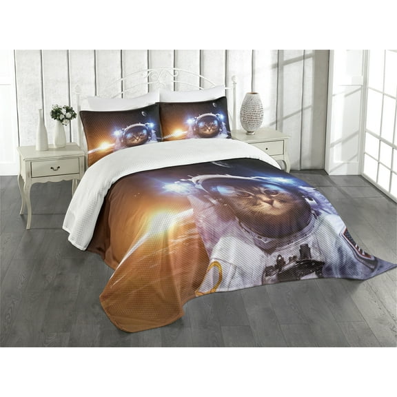 Ambesonne Space Cat Quilted Bedspread Set 3 Pcs, Sun Lunar Eclipse, King Size, Dark Blue Orange