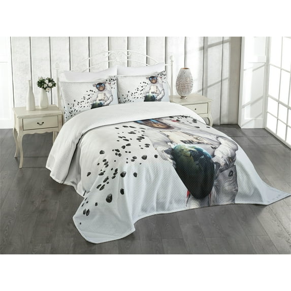 Ambesonne Space Cat Quilted Bedspread Set 3 Pcs, World Galaxy Clusters, Queen Size, White Black and Blue