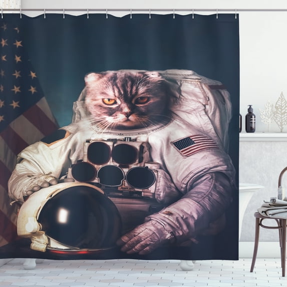 Ambesonne Space Cat Shower Curtain, American Flag Vintage, 69"Wx70"L, White Red and Dark Blue