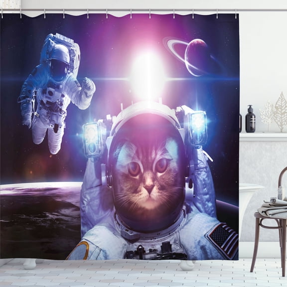 Ambesonne Space Cat Shower Curtain, Galaxy Eclipse Saturn, 69"Wx70"L, Dark Blue Purple