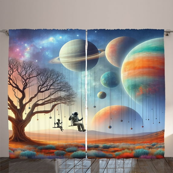 Ambesonne Space Curtains 2 Panel Set, Galaxy Alien Astronauts Art, 108" x 90", Lavender Teal Orange