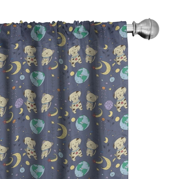 Ambesonne Space Curtains, Cartoon Cats Dogs Earth Art, Pair of 28"x95", Purpleblue Teal and Beige