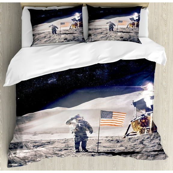 Ambesonne Space Duvet Cover Set, Astronaut on Moon Mission, 2-Calking, Taupe Blue