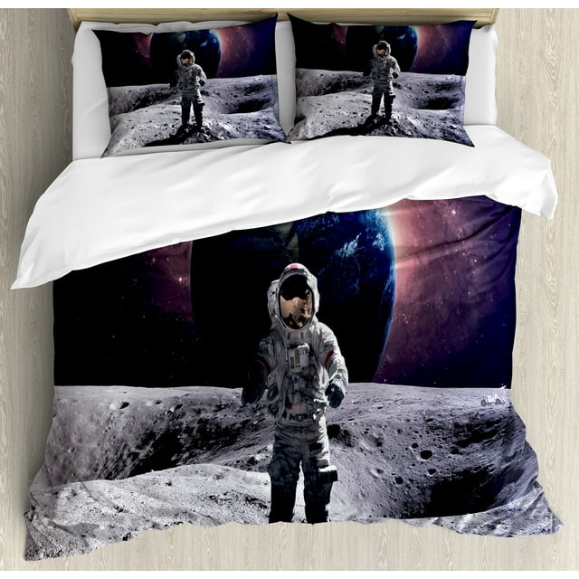 Ambesonne Space Duvet Cover Set, Brace Astronaut Cosmos, 2-Calking, Grey Magenta