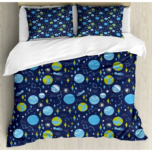 Ambesonne Space Duvet Cover Set, Hand Drawn Flying Elements, 2-Calking, Night Blue Sky Blue