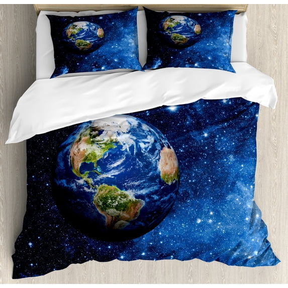Ambesonne Space Duvet Cover Set, Planet Earth Solar System, King, Blue Green