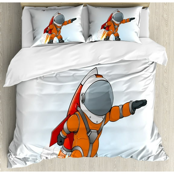 Ambesonne Space Duvet Cover Sets, Astronaut Galaxy Journey, 2-Queen, Orange Grey Red