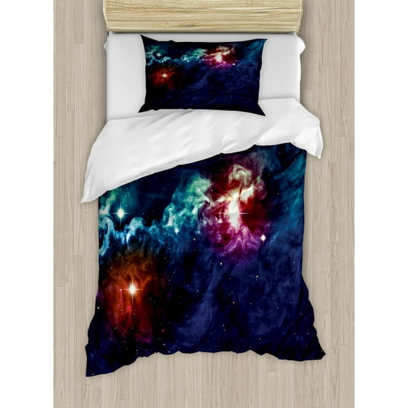 Ambesonne Space Duvet Cover Sets, Cosmos Galactic Star View, 2-Twin, Magenta Blue