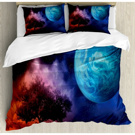 Ambesonne Space Duvet Cover Sets, Futuristic Tree of Life, 2-Queen, Pink and Blue