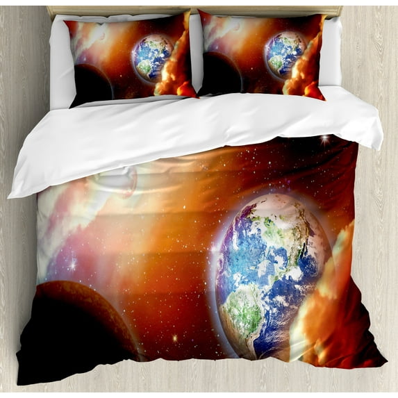 Ambesonne Space Duvet Cover Sets, Nebula Stars in Solar, 2-Queen, Orange Blue