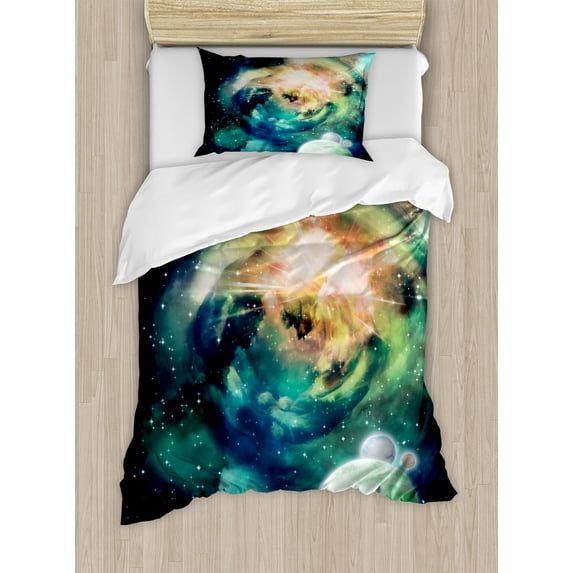 Ambesonne Space Duvet Cover Sets, Spiral Galaxy and Planets, 2-Twin, Teal Blue Yellow