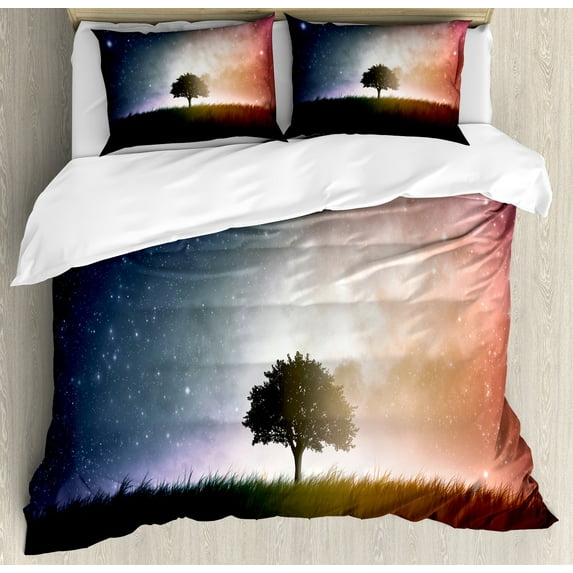Ambesonne Space Duvet Cover Sets, Tree in Field with Stars, 2-King, Magenta and Blue