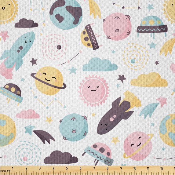 Ambesonne Space Fabric by the Yard Microfiber, Happy Planets Clouds Rocket, 3 Yards, Pastel Brown and Pale Seafoam