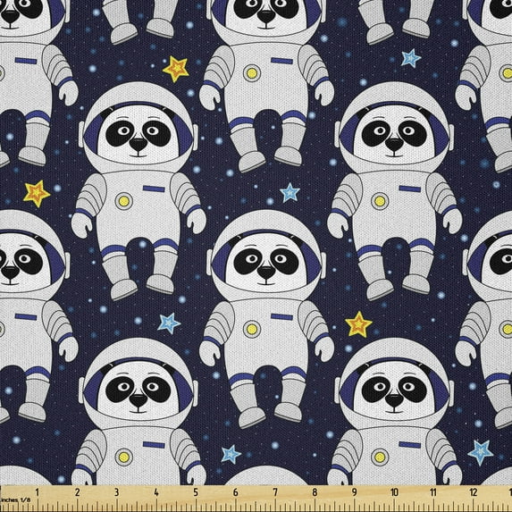 Ambesonne Space Fabric by the Yard Microfiber, Panda Astronauts and Stars, 5 Yards, Indigo White and Orange