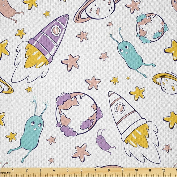 Ambesonne Space Fabric by the Yard Microfiber, Rockets Stars Aliens Earth, 10 Yards, Pale Blue and Purple Grey