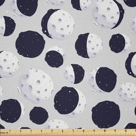 Ambesonne Space Fabric by the Yard Microfiber, Scattered Realistic Moons Art, 10 Yards, Indigo White and Grey