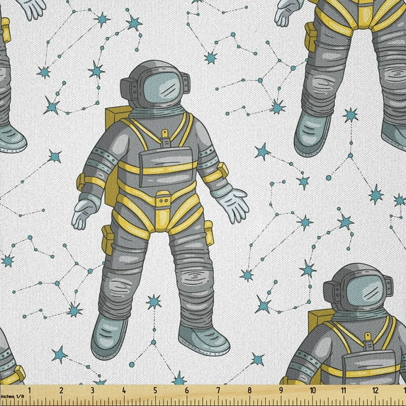 Ambesonne Space Fabric by the Yard Microfiber, Vintage Astronauts and Stars, 3 Yards, Pale Grey Pastel Yellow