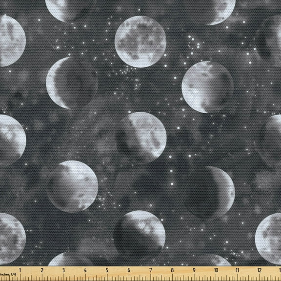Ambesonne Space Fabric by the Yard Upholstery, Night Realistic Look Moon Art, 5 Yards, Charcoal Grey and Ivory