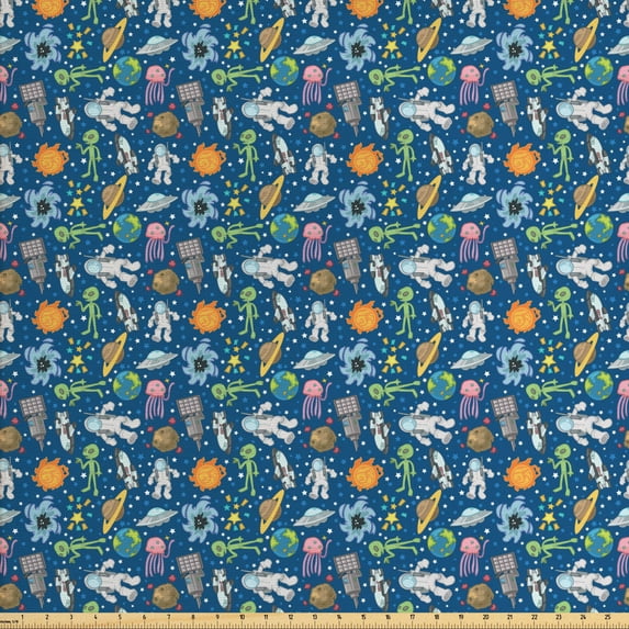 Ambesonne Space Fabric by the Yard Upholstery, Alien Friends Astronaut, 10 Yards, Multicolor
