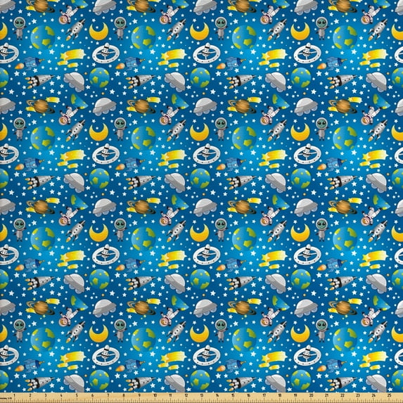 Ambesonne Space Fabric by the Yard Upholstery, Alien and Human Astronaut, 3 Yards, Blue Grey Yellow