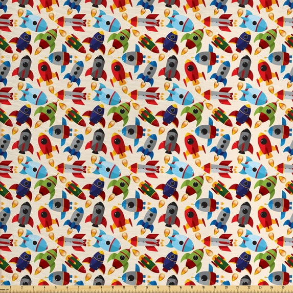 Ambesonne Space Fabric by the Yard Upholstery, Cartoon with Spaceships, 2 Yards, Multicolor