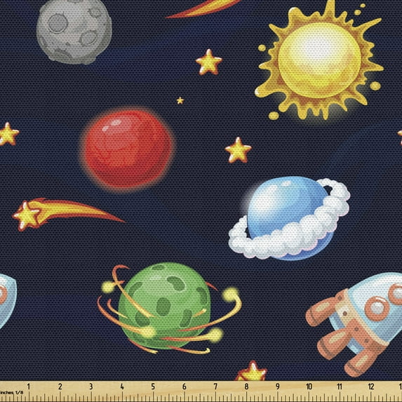Ambesonne Space Fabric by the Yard Upholstery, Cosmos with Sun Planets, 1 Yard, Multicolor