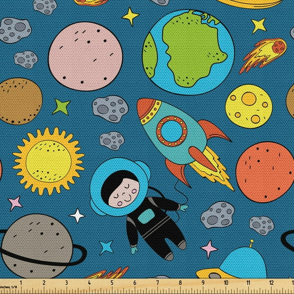 Ambesonne Space Fabric by the Yard Upholstery, Earth Astronaut Planet Stars, 3 Yards, Lime Green and Burnt Sienna