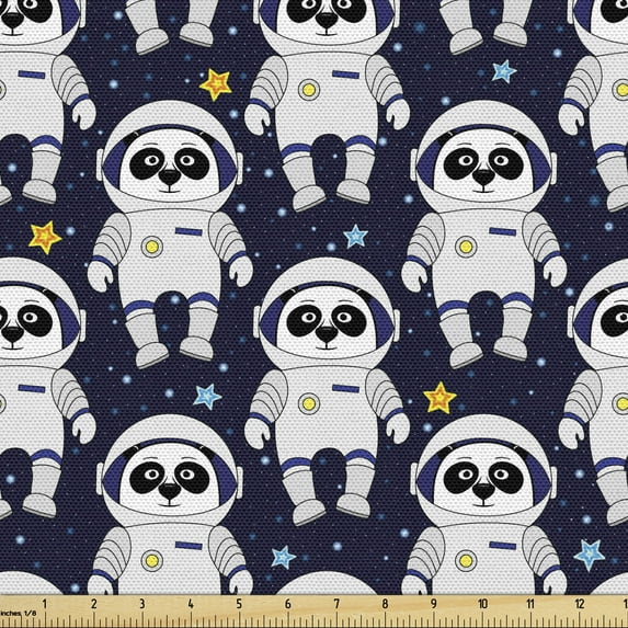 Ambesonne Space Fabric by the Yard Upholstery, Panda Astronauts and Stars, 5 Yards, Indigo White and Orange