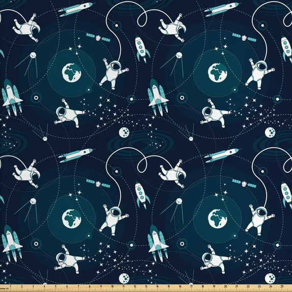 Ambesonne Space Fabric by the Yard Upholstery, World's Orbit with Astronauts, 10 Yards, Dark Teal Dark Blue