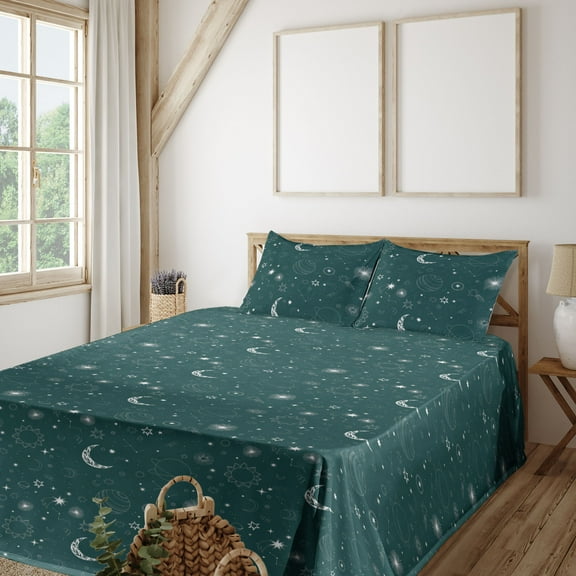 Ambesonne Space Fitted & Flat Sheet with Shams 4 Pcs Set, Astrology Vibes Moon Stars, Queen, Dark Teal White