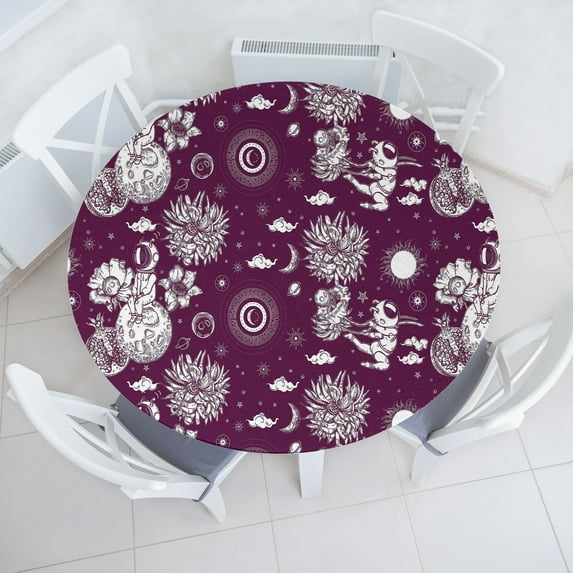 Ambesonne Space Fitted Round Tablecloth, Astronaut and Sun Pinky Back, 56"- 60" Diameter, Dark Magenta Ivory