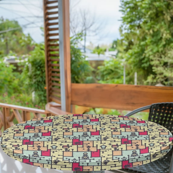 Ambesonne Space Fitted Round Tablecloth, Robots on Grid Squares, 45"- 56" Diameter, Multicolor