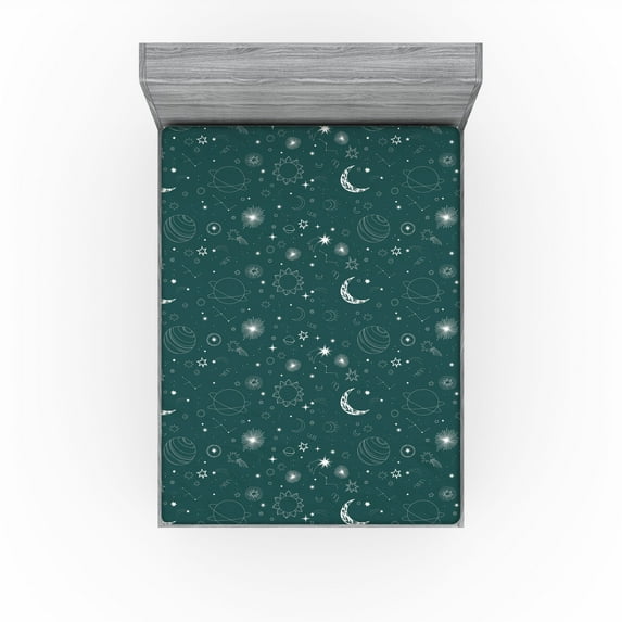Ambesonne Space Fitted Sheet, Astrology Vibes Moon Stars, Queen Size, Dark Teal White