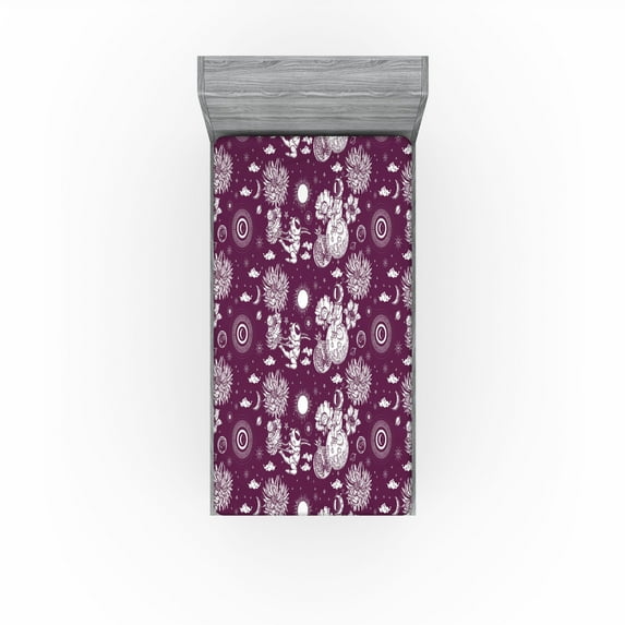 Ambesonne Space Fitted Sheet, Astronaut and Sun Pinky Back, Twin XL Size, Dark Magenta Ivory