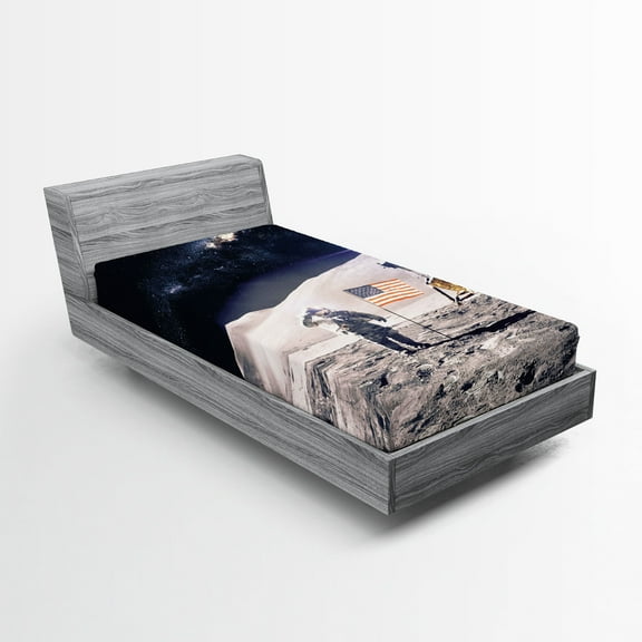 Ambesonne Space Fitted Sheet, Astronaut on Moon Mission, Twin XL Size, Taupe Blue
