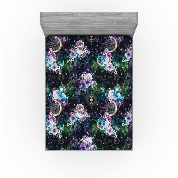 Ambesonne Space Fitted Sheet, Bohemian Galaxy Sun Moon Art, King Size, Dark Purple Green and Mauve