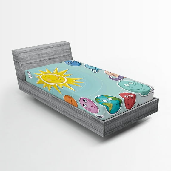 Ambesonne Space Fitted Sheet, Cartoon Sun Planets, Twin XL Size, Multicolor