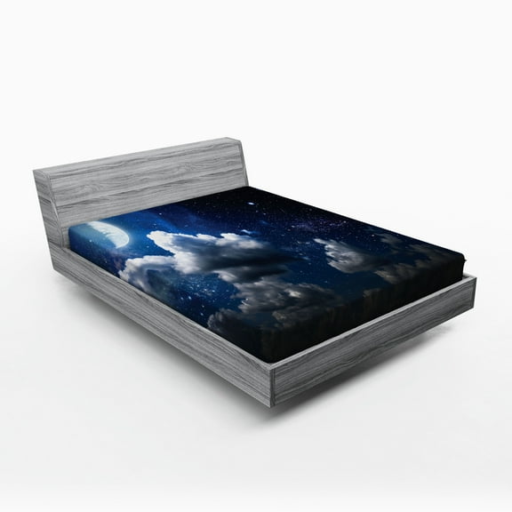 Ambesonne Space Fitted Sheet, Moon Clouds Stars Night, Queen Size, Dark Blue White