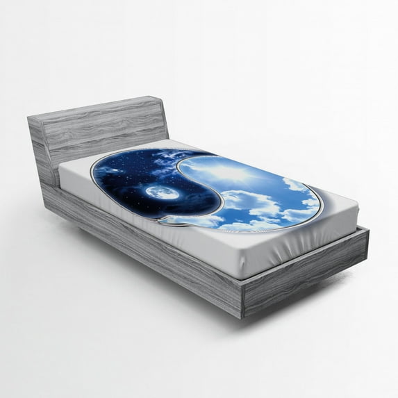 Ambesonne Space Fitted Sheet, Moon and Sun, Twin XL Size, Navy Blue Sky Blue White