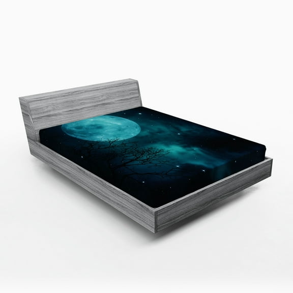 Ambesonne Space Fitted Sheet, Outer World Cosmos Moon, Full Size, Petrol Blue