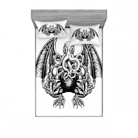 Ambesonne Space Fitted Sheet & Pillow Sham Set, Cosmic Evil Monster, Queen, Black White