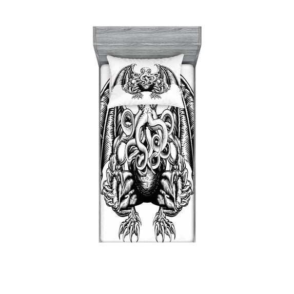 Ambesonne Space Fitted Sheet & Pillow Sham Set, Cosmic Evil Monster, Twinxl, Black White