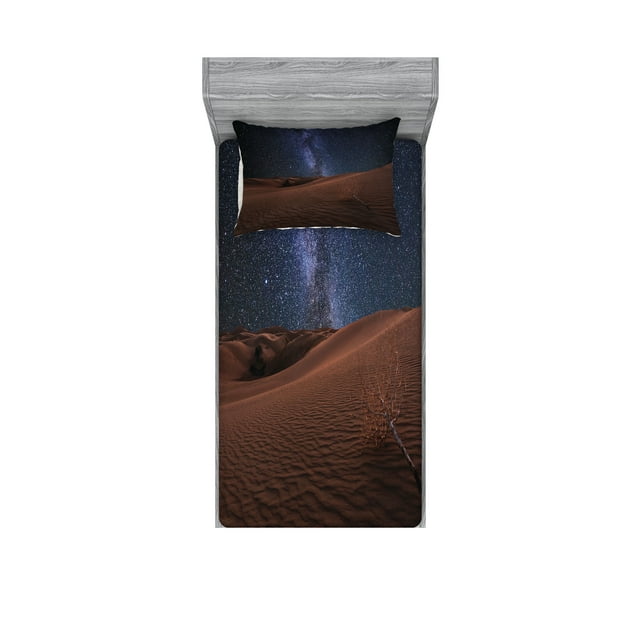 Ambesonne Space Fitted Sheet & Pillow Sham Set, Desert Lunar Life on Mars, Twin, Brown Blue