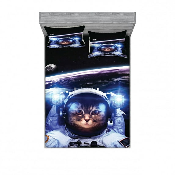 Ambesonne Space Fitted Sheet & Pillow Sham Set, Funny Astronaut Cat Humor, Full, Blue White