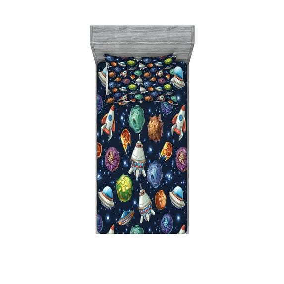 Ambesonne Space Fitted Sheet & Pillow Sham Set, Futuristic Science Ufo, Twin, Multicolor
