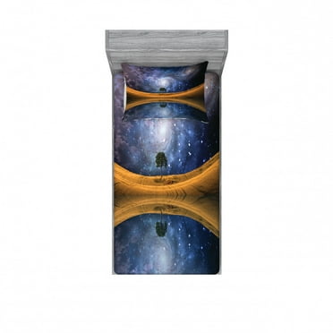 Ambesonne Space Fitted Sheet & Pillow Sham Set, Galaxy with Star Meteors, Twin, Brown Purple Blue