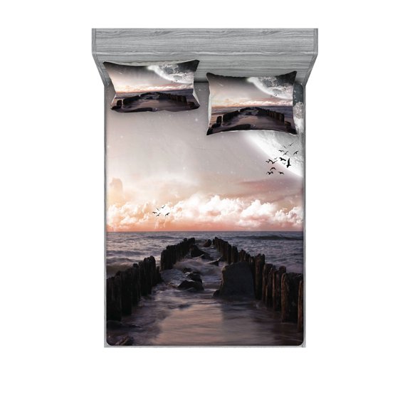 Ambesonne Space Fitted Sheet & Pillow Sham Set, Old Pier Sea and Beach, Full, Pink Blue