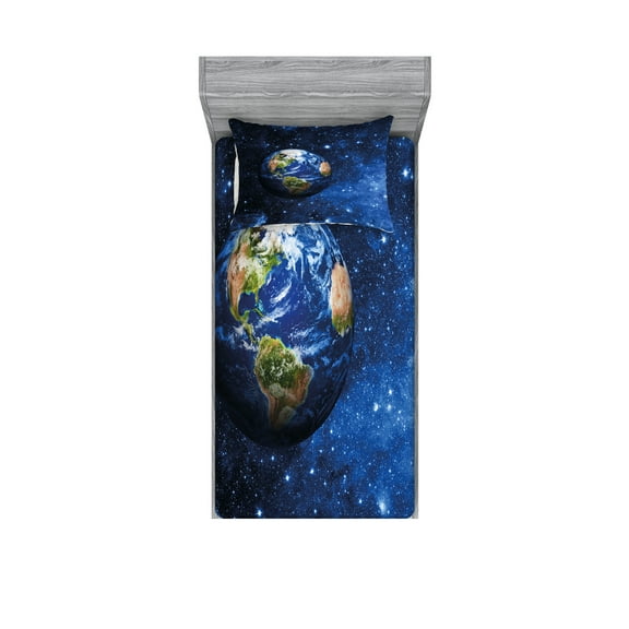 Ambesonne Space Fitted Sheet & Pillow Sham Set, Planet Earth Solar System, Twinxl, Blue Green